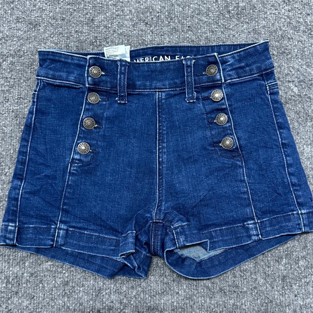 American Eagle Denim Shorts Womens Size 2 Blue Waisted Sailor Button Fly Stretch